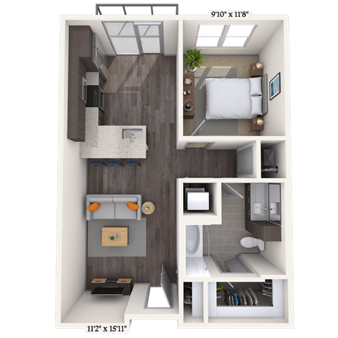 Floor plan for 1 bed, 1 bath, 706 sqft